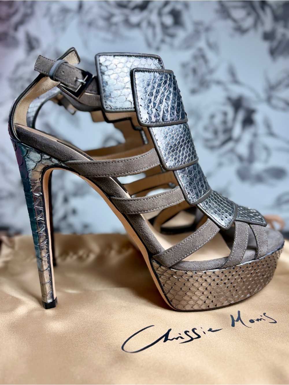 Chrissie Morris “Valentina” Silver Snakeskin 5” Platform Cage Heels, Sz 38/8